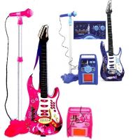 Dětská rocková elektrická kytara na baterie + zesilovač a mikrofon - Růžová