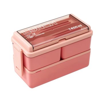 Dvoupatrový lunchbox 1400ml nádoba na jídlo s příborem - růžová